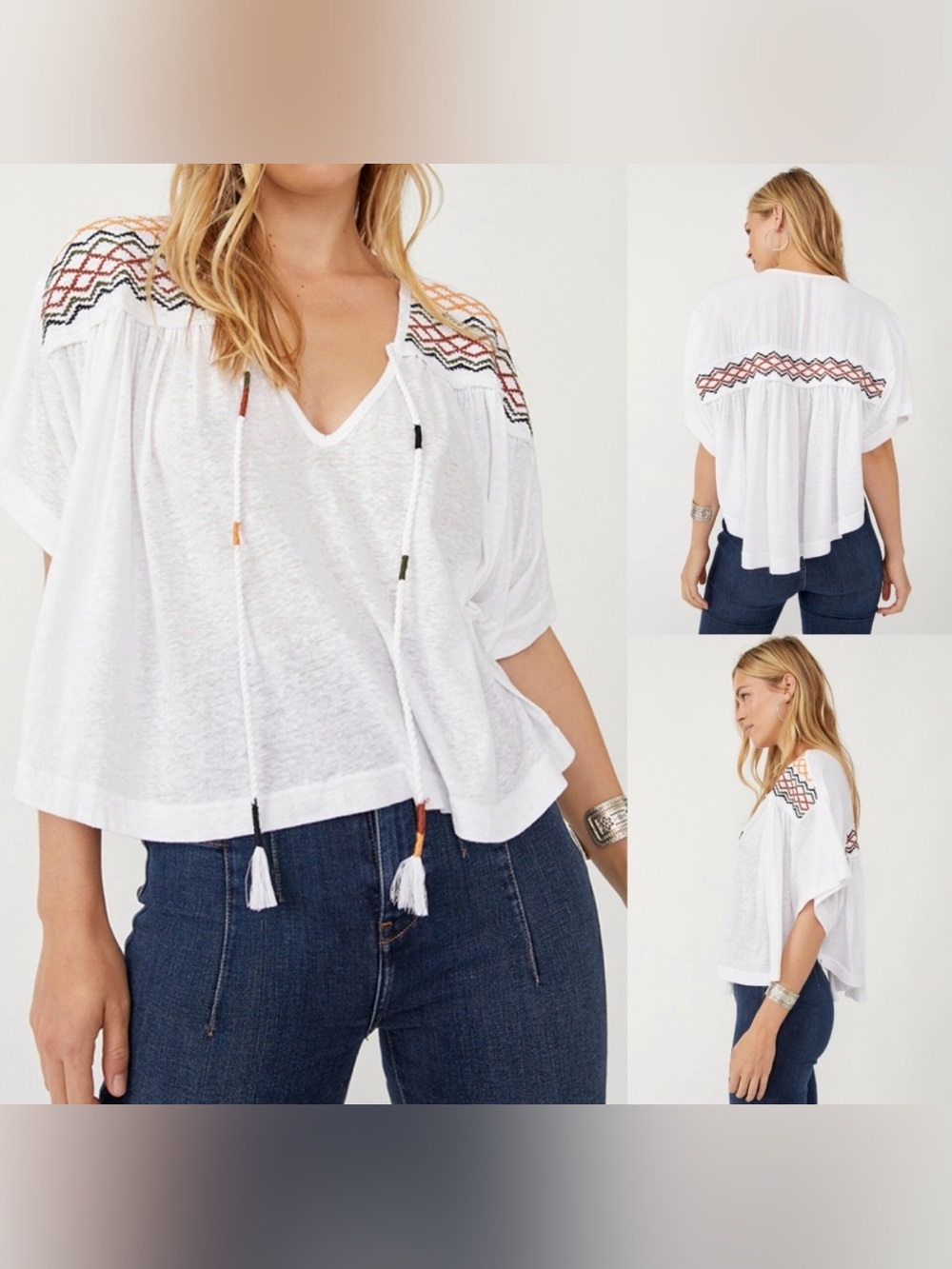 Free People Market Embroidery Trim Tassel Tie V-Neck Dolman Sleeve Tee Large